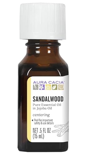 Aura Cacia Sandalwood Essential Oil in Jojoba Oil, 0.5 fl. oz., Woodsy, Balsamic-like Aroma For Skin Care & Centering