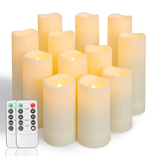 Metaku Flameless Flickering Candles Battery Operated LED Candles Set of 12 Ivory Candles with Remote & Timer for Halloween, Christmas, Bedroom, Home, Wedding, Birthday Decoration D2.2'' x H4''5''6''7'