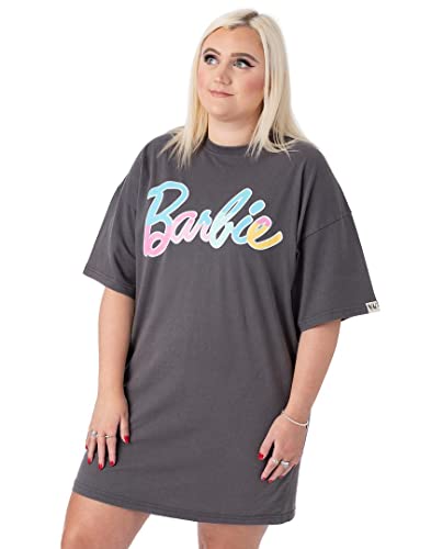 Barbie Womens Oversized T-Shirt Dress | Ladies Pastel Rainbow Logo Short Sleeve Outfit | Charcoal Grey Graphic Tee
