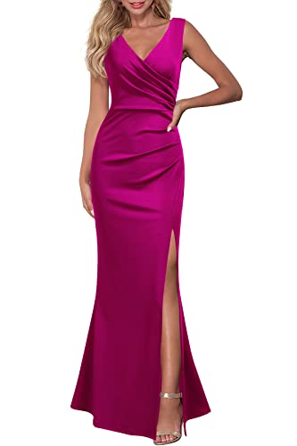 WOOSEA Women Sleeveless V Neck Split Evening Cocktail Long Dress Magenta