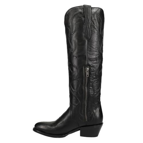 Lucchese Womens Peri Tall Shaft Tooled-Inlay Round Toe Dress Boots Mid Calf Low Heel 1-2' - Black - Size 7.5 B