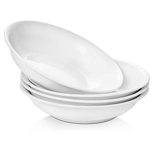 DOWAN 9' Pasta Bowls for Kitchen, 40 oz Ceramic White Serving Bowl, Large Dinner Pasta Salad Bowl Set, Shallow Soup Bowls, Easy to Hold & Stackable, Microwave Dishwasher Safe, Set of 4