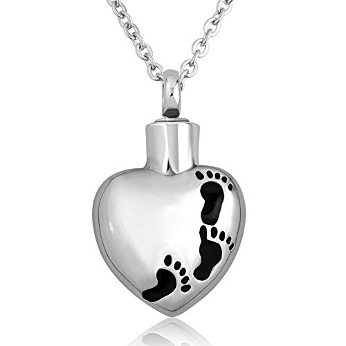 CoolJewelry Urn Necklace for Ashes Baby Footprints Memorial Pendant Love Heart Cremation Keepsake Jewelry with Fill Kit
