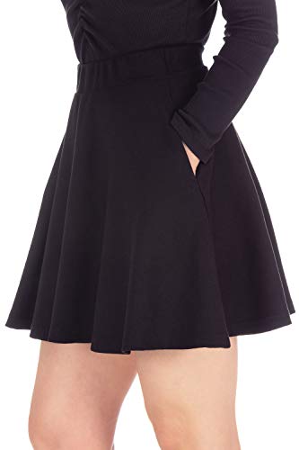 Basic Solid Stretchy Cotton High Waist A-line Flared Casual Skater Mini Skirt (M, with Pockets Black)