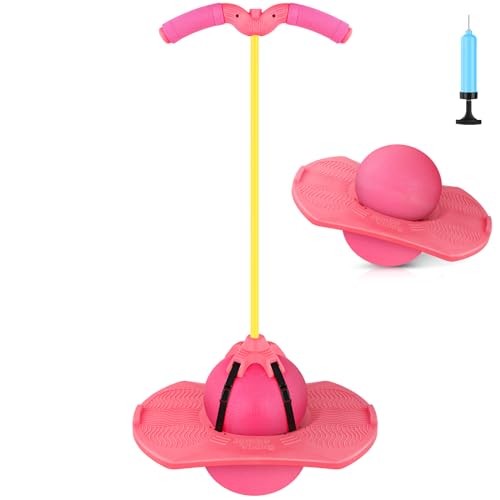 Christoy Pogo Jumper with Handle and Ball Pump, High Jump Toy Bounce Jump Trick Board Pogo Bouncing Ball Safe and Fun Pogo Stick for Kids Boys girls and Adults (Pink)