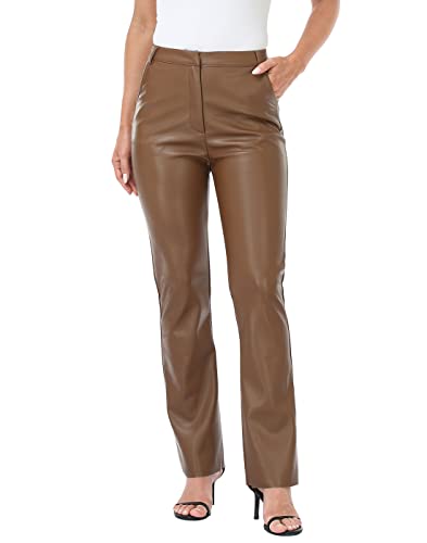 HDE Women's Faux Leather Pants High Waisted Straight Leg Trousers with Pockets Brown - L