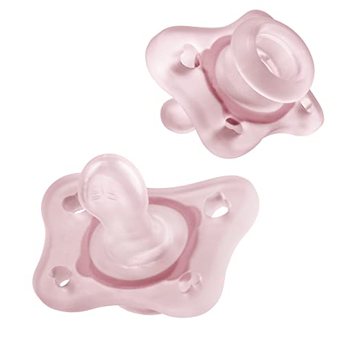 Chicco PhysioForma 100% Soft Silicone Mini One Piece Pacifier for Babies Aged 0-2 Months | Orthodontic Nipple Supports Breathing | BPA & Latex Free | Reusable Sterilizing Case | Pink, 2pk