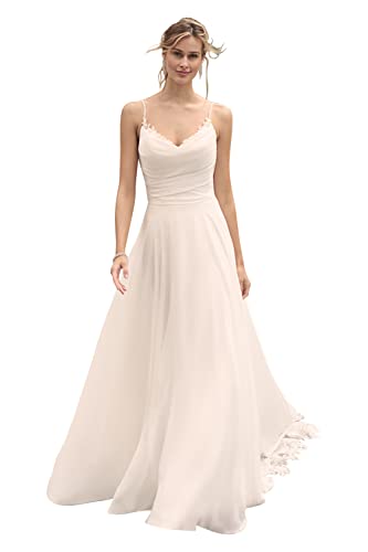 Ternlm Lace Appliqued V Neck Wedding Dress for Women Elegant Spaghetti Straps Chiffon Bridal Wedding Gown for Bride White 12