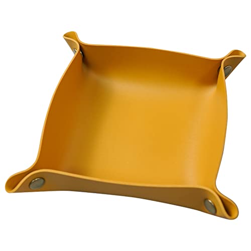 Banugo Valet Tray, Leather Tray, Small Catchall Tray, Foldable Jewelry Travel Organizer, Suitable for Travel, Storage, Nightstand, Home or Office (Yellow-S)