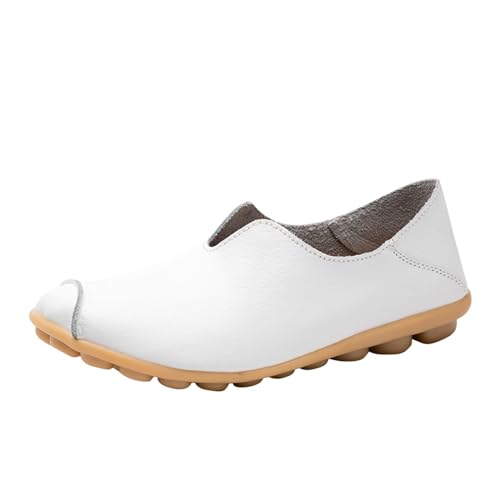 Women's Flats Loafer Shoes, Round Toe Comfortable Hollow Leather Work Shoes, Cute Casual Slip On Walking Shoes Slip-ons Loafer White_04, 11