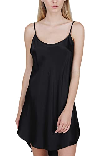 OSCAR ROSSA Women's Luxury Silk Sleepwear 100% Silk Round Neck Shirttail Slip Chemise Babydoll Nightgown, Black, L