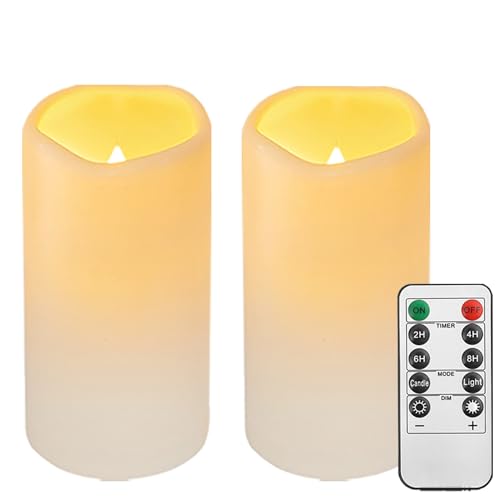 2PACK Outdoor Waterproof plastic flameless Candles with Remote Control and Timer, LED Flickering Battery Operated electric Pillar Candles (D3 xH5.5) for Camping, Weddings, Gifts ，Home Decoration
