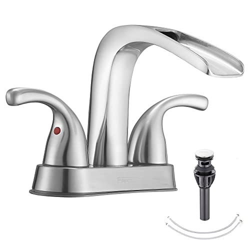 Waterfall Bathroom Faucet FRANSITON Bathroom Sink Faucet 4 Inch 2 Handle 3 Hole w/Pop Up Drain, Lead-Free Faucet for Bathroom Sink, Brushed Nickel Lavatory Faucet