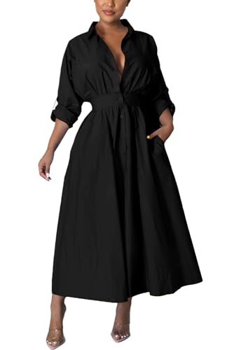 Rooscier Women's Collar V Neck Flared Long Sleeve High Waist Button Down Long Shirt Dress Pure Black Large