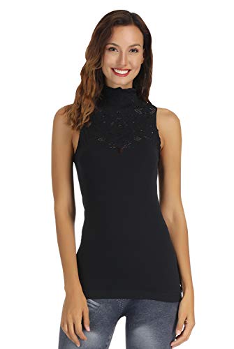 Disbest Women's Tank Tops, Lace Hollow High Neck Sleeveless Stretch Casual Sweater T-Shirt,Black,M/US 6