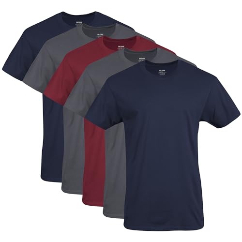 Gildan Men's Crew T-Shirts, Multipack, Style G1100, Navy/Charcoal/Cardinal Red (5-Pack), Medium