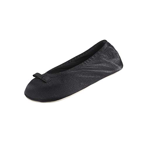 Isotoner Ballerina Slippers for Women – Soft Satin House Shoes with Bow and Suede Sole – Classic Comfy Travel and Bedroom Slippers – Cute Bridal Party Slippers, Black Ribbon Bow, 6.5-7.5