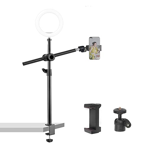 JINSUI Overhead Phone Mount with Holding Arm, Adjustable Camera Desk Mount with Phone Holder and 360° Ball Head, Table C-Clamp Mount Stand for Webcam, Light, Video Recording, Live Streaming
