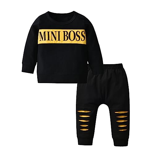 Limuvany Toddler Infant Baby Boy Clothes Long Sleeve Letter Print Sweatshirt Tops + Pants 2 PCS Sweatsuit Outfit (12-18 Months) Black