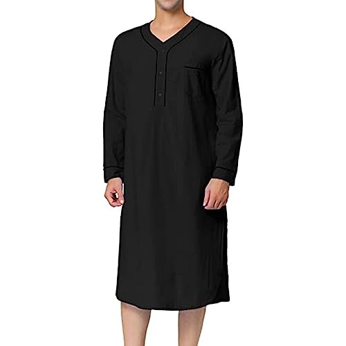 Cambkatl Nightshirt for Men's Long Sleeves Button Nightgown Button-up Soft Cotton Pull-Over Loose Fit Loungewear Sleepwear