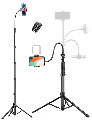 Phone Tripod, 86' Tall Tripod for iPhone with Flexible Gooseneck & Remote, Portable Cellphone Tripod Stand, Aluminum Travel Tripod for Selfies, Video Recording, Compatible with iPhone Android
