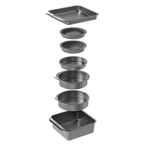 MasterClass Smart Space Bakeware Set 7-Piece Non Stick and Stackable with 1 x Roasting Tin, 2 x Round Cake Tins, 1 x Sandwich Pan, 2 x Flan/Quiche Dishes and 1 x Brownie Tray in Gift Box