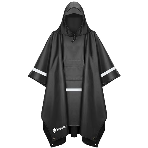 PTEROMY Hooded Rain Poncho for Adult with Pocket, Waterproof Lightweight Unisex Raincoat for Hiking Camping Emergency (Black w/Reflective Stripe)