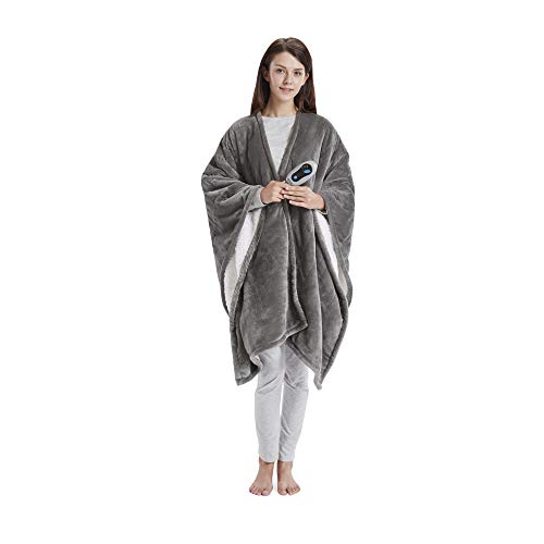 Beautyrest Reversible Faux Sherpa to Fleece Electric Wrap Poncho Blanket Shawl Wearable, Auto Shut Off, Virtually Zero EMF, Multi Heat Setting, UL Certified, Machine Washable, Grey 50' x 64'
