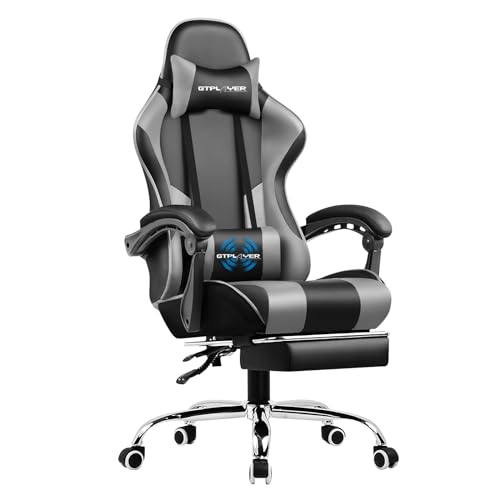 GTPLAYER Gaming Chair, Computer Chair with Footrest and Lumbar Support, Height Adjustable Game Chair with 360°-Swivel Seat and Headrest and for Office or Gaming (Gray)