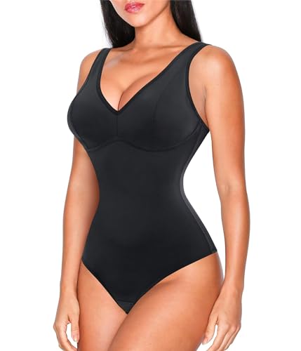 Nebility Women Waist Trainer Shapewear Slim Body Shaper Deep V Neck Thong Bodysuit Tummy Control Jumpsuit Tops (L, Black)