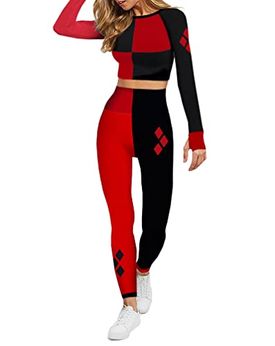 DC Comics Harley Quinn Womens Cosplay Active Workout Outfits – Legging and Shirt 2PC Sets by MAXXIM Harley Quinn Large
