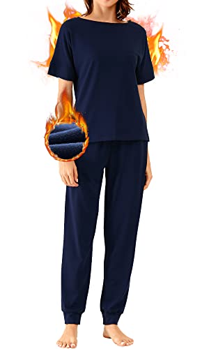 WiWi 2 Piece Outfits Sets for Women Fleece Short Sleeve Sweatsuits Workout Tracksuit Jogger Pants with Pockets S-XXL, Navy, X-Large