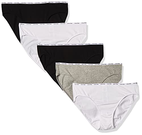 Calvin Klein Women's Signature Cotton Logo Stretch Bikini Panties, 5-Pack, Black/White/Grey Heather, Large