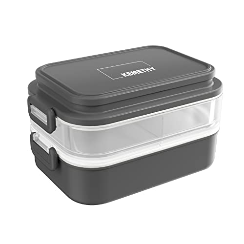 KEMETHY Bento Box Adult Lunch Box, Bento Lunch Box for Adults, Stackable Bento Lunch Containers for Adults, Leak-Proof 2000ML/68OZ Large Capacity Adult Bento Box with Tableware and Sauce Cups, Grey