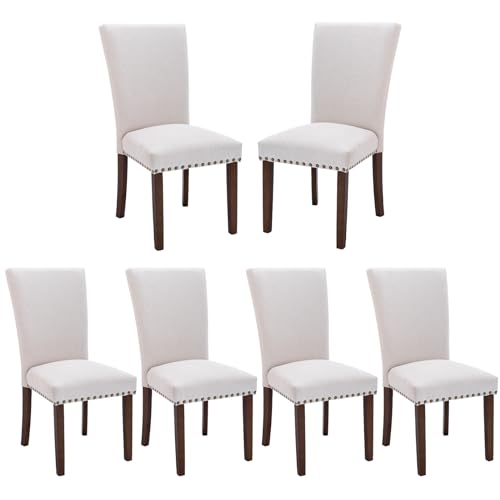 COLAMY Upholstered Parsons Dining Chairs Set of 6, Fabric Dining Room Kitchen Side Chair with Nailhead Trim and Wood Legs - Beige