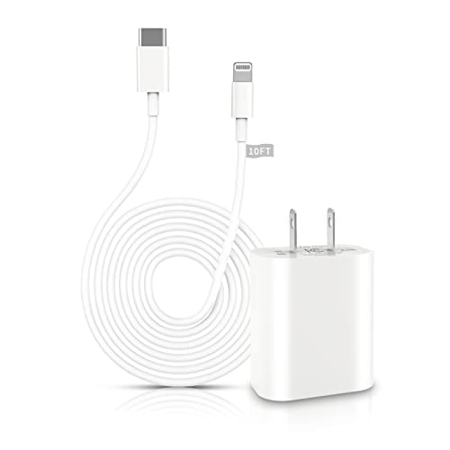 iPhone Fast Charger, [MFi Certified] 20W PD USB C Wall Charger Block Plug with 10FT Extra Long Type C to Lightning Fast Charging Data Sync Cable for iPhone 13 12 11 XS XR X 8 iPad and More