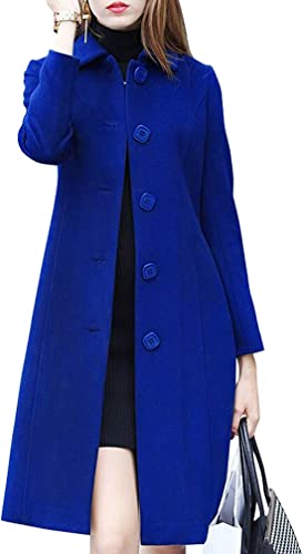 chouyatou Women's Fall Winter Elegant Single Breasted Long Wool Coat Overcoat (Large, Blue)