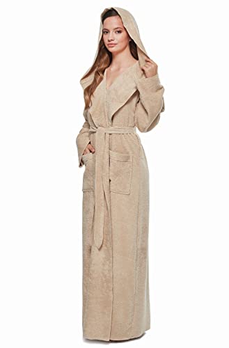 Arus Women's Princess Robe Ankle Long Hooded Lightweight Turkish Cotton Bathrobe Latte X-Large