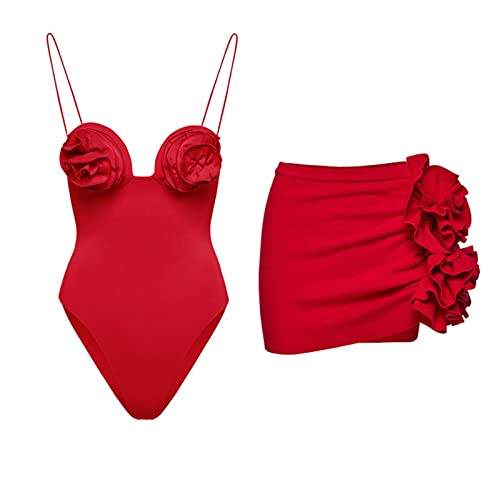 HGps8w One Piece Swimsuit for Women with Beach Cover Ups 3D Floral Mini Skirts 2 Piece Bikini Set Monokini Bathing Suits
