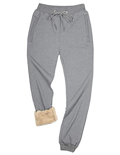 Yeokou Mens Winter Warm Sherpa Lined Active Thermal Jogger Fleece Sweatpants Pant (LightGrey-Ribbed Cuff, X-Large)