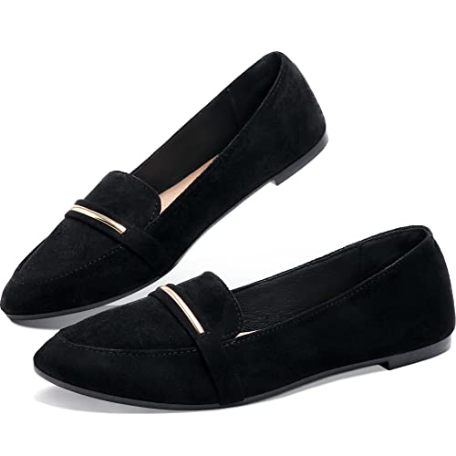 Women's Pointy Toe Loafer Flat Comfortable Faux Suede Work Shoes,Cute Penny Loafer Slip On Ballet Flat(Black US8)
