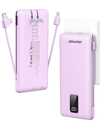Charmast Portable Charger with Built-in Cables and AC Wall Plug, 10000mAh Ultra Slim Power Bank, External Battery Pack, Travel Accessories Compatible with iPhone 14/13, Samsung Galaxy, etc