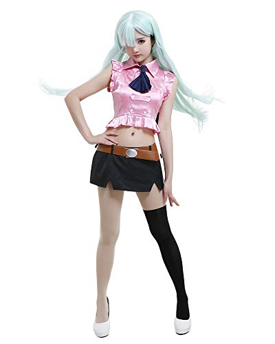 miccostumes Womens Costume Waitress Cosplay Uniform Pink Buttoned Shirt Mini Skirt with Socks WL