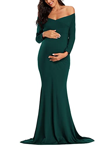 Ecavus Women's Off Shoulder Maternity Dress Slim Cross-Front V Neck Long Sleeve Gowns for Photoshoot