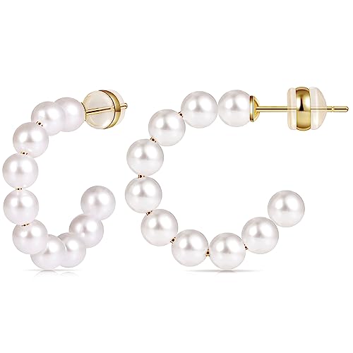 Gacimy Pearl Hoop Earrings for Women with 925 Sterling Silver Post, 5mm Thick Chunky Pearl Earrings For Women 14K Gold Plated, 25mm Small Pearl Hoops