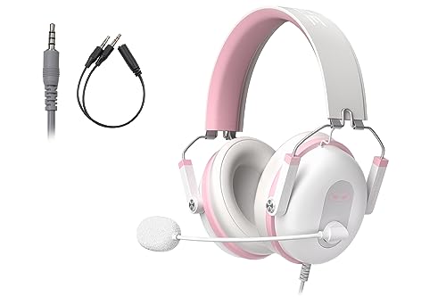 Gaming Headset for PS4 Xbox One,3.5mm Jack Stereo Surround Sound Gaming Headphones with Noise Cancelling in-line Control & Adjustable Mic for PS5 PC Laptop Mac(Pink)