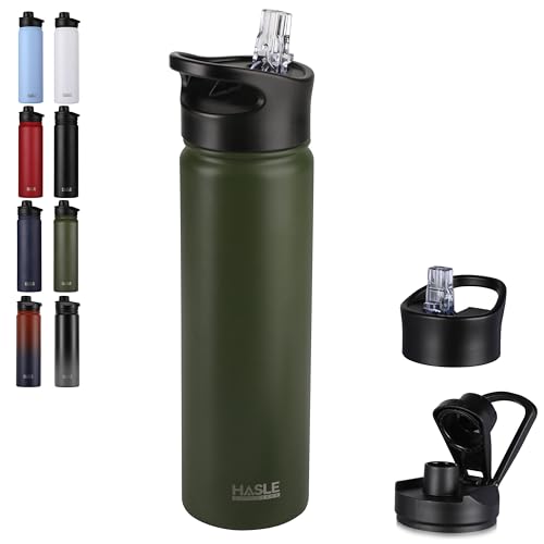 HASLE OUTFITTERS Insulated Water Bottle 22 oz Double Wall Stainless Steel Water Bottle Wide Mouth with Straw Lid & Spout Lid Keeps Cold or Hot(Army Green,1)