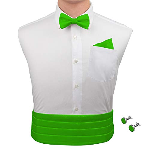 Green party cummerbund marriage lime green soild Pre-tied Bow Tie Cufflinks Hanky and Cummerbund Set with Free Box By Epoint CM1030  lime green