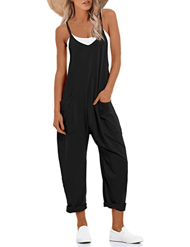Lentta Women's Causal Jumpsuits V Neck Sleeveless Harem Overalls Stretchy Adjustable Strap Romper with Pockets(Black-L)