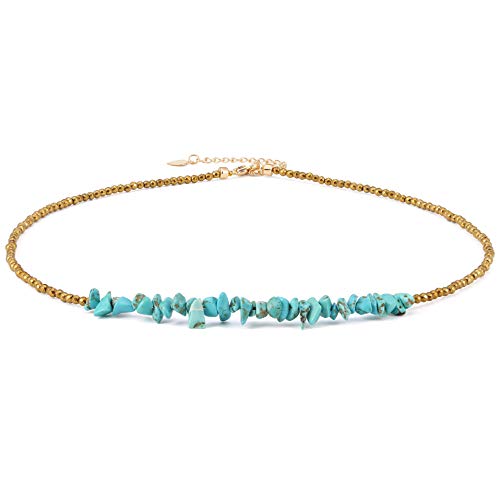 Aobei Pearl Turquoise Bar Necklace Choker Gold Hematite Beaded Tiny Dainty Minimalist Jewelry for Women 15’’